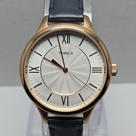 Womens Timex Peyton 36mm Rose Gold Tone Watch Navy Leather Strap New Battery